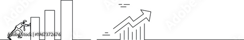 Businessman pushing bar charts for financial growth and success in a minimalist line art style Vector