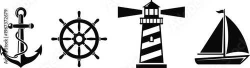 Nautical icons anchor ship wheel lighthouse and sailboat in black silhouette maritime ocean