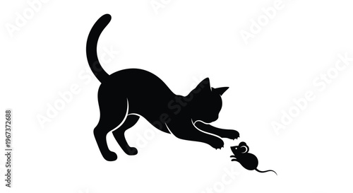 Black cat playfully stalking a small mouse a striking silhouette