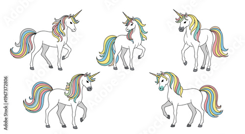 Collection of five magical unicorns with colorful rainbow manes and tails standing in different poses isolated on a clean white background.