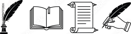 Quill Pen Inkwell Open Book Scroll and Hand Writing with Quill