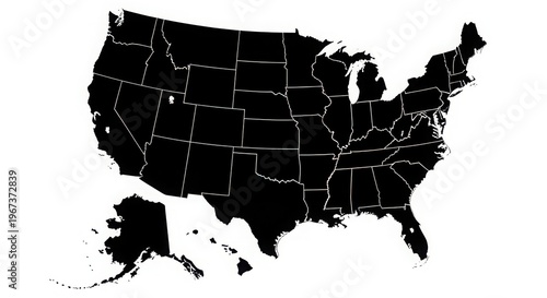 black silhouette map of the United States of America on white background