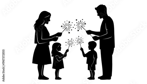 Family silhouette holding sparklers on a white background