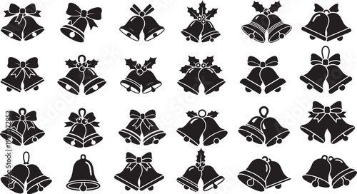 Christmas bell ribbon icon set.Christmas Vector Icon Set.Christmas bells icons set in black and white.