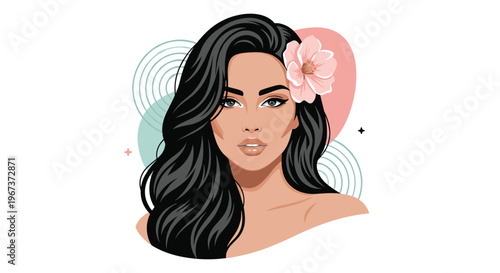 Portrait of a beautiful woman with long dark wavy hair and a pink flower tucked behind her ear against abstract circular shapes background.