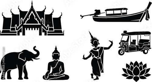 Professional set of black silhouette icons representing Thai cultural symbols