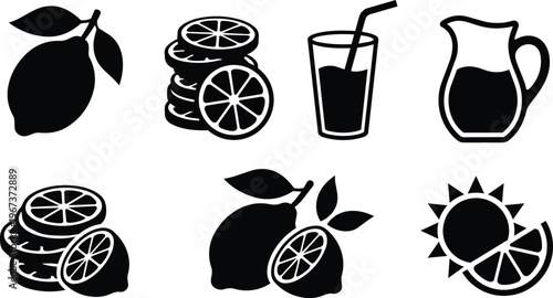 Black and white lemon fruit collection icons with juice pitcher and slices set