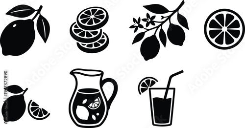 Graphic set of lemon icons with citrus fruit slices and refreshing drink elements
