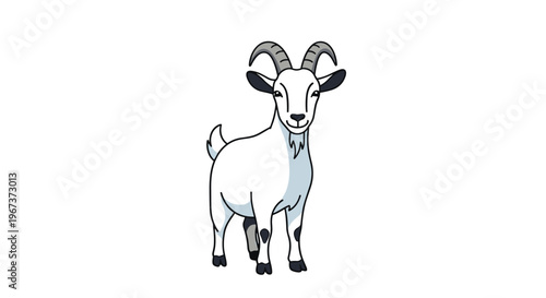 Standing white goat with grey horns and black hooves looking forward against a clean white background for farm animal illustrations.