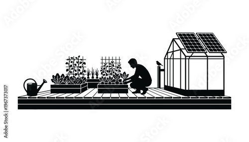 A person gardening in a solar powered greenhouse with raised beds