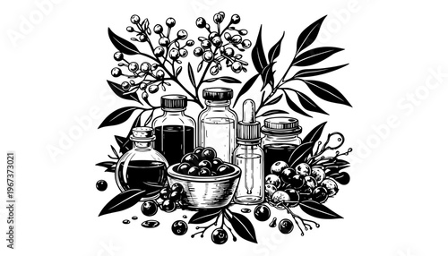 Olive oil bottles and leaves in a black and white illustration