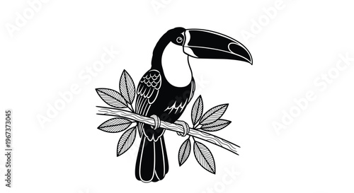 Black and white line art illustration of a tropical toucan bird with its large beak perched on a leafy branch for coloring book page.