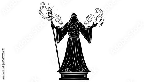 A wizard icon illustration in black silhouette with magic staff