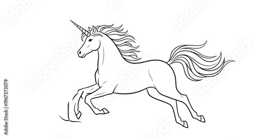Elegant line drawing of a magical unicorn running with a flowing mane and tail isolated on a plain white background for coloring.