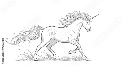 Dynamic sketch of a majestic unicorn running through the grass with a flowing mane and tail for fantasy and fairy tale book illustrations.