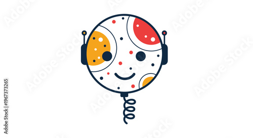 Adorable round robot head illustration featuring a friendly smiling face with dots, circles, and headphones against a white background.
