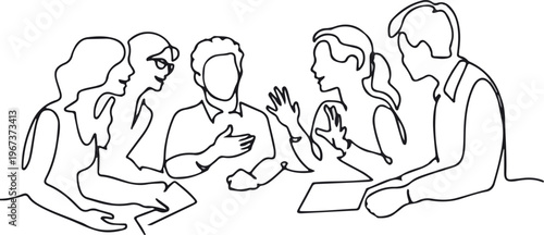 Group of young people discuss interesting task together and talking.