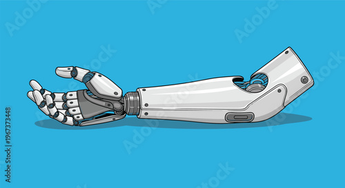 Futuristic robotic prosthetic arm with articulated fingers and high tech mechanical joints for disability support and medicine.