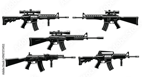 Black and white silhouettes of various modern assault rifles and military firearms with scopes for tactical and defense concepts.