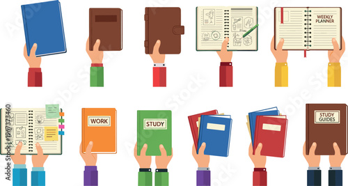 Hands holding books and notebooks study education concept vector illustration isolated on white background learning collection set