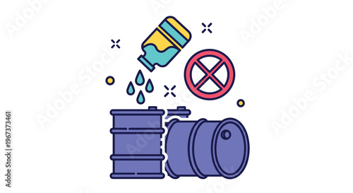 Industrial hazard icon showing a liquid chemical being poured into a barrel with a red prohibition sign for safety warning purposes.