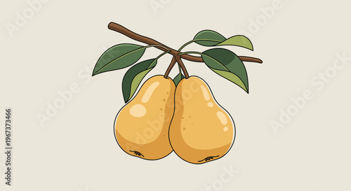 Illustration of two ripe yellow pears hanging from a green leafy branch against a soft neutral background for organic fruit shop decor.