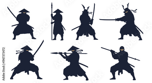 Black silhouettes of Japanese samurai warriors and ninjas in various combat poses with swords and spears for historical martial arts.