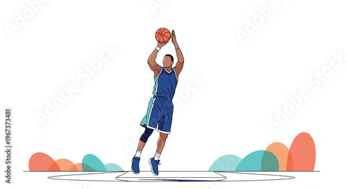 Dynamic illustration of a basketball player in a blue uniform taking a jump shot during a game on a colorful court background.