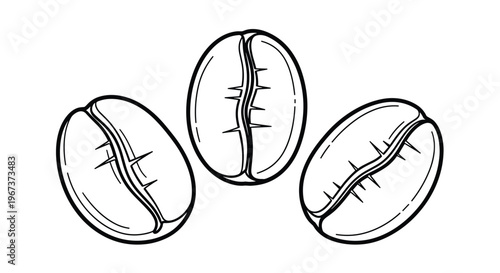 Simple black and white line art illustration of three coffee beans representing cafe culture coffee roasting and morning energy.