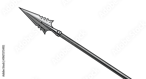 Ancient style long spear with a sharp metal pointed tip and a long wooden shaft for historical battle and hunting themed designs.