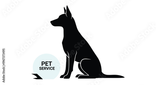 Minimalist pet service logo featuring a black silhouette of a sitting dog next to a circular badge for veterinary or grooming shop.