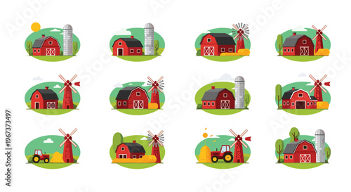 Collection of farm landscapes featuring red barns windmills silos tractors and hay bales for agriculture and rural life themes.