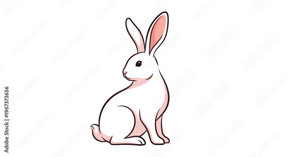 Obraz premium Detailed illustration of a white rabbit sitting and looking back over its shoulder with pink ears against a clean white background.
