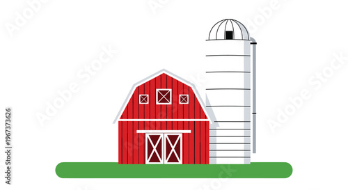 Traditional red farm barn with white trim and a tall white cylindrical storage silo standing on a green grass strip against white.