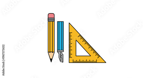 Basic school stationery illustration featuring a yellow pencil a blue technical pen and a yellow triangle ruler on a white background.