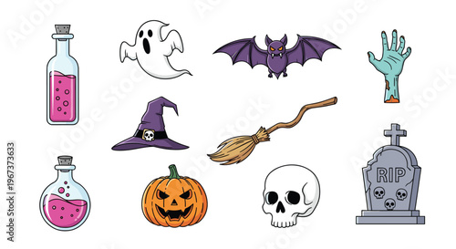 Large collection of Halloween themed clip art featuring a ghost bat pumpkin skull witch hat gravestone and potion bottles on white.