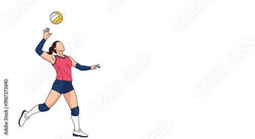 Female volleyball player in a pink and blue athletic uniform jumping high to spike the ball during a competitive sports match game.