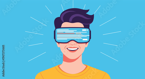 Portrait of a smiling man wearing a high tech virtual reality headset with data code reflected in the goggles against a blue backdrop.