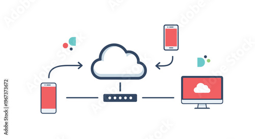 Cloud computing network diagram illustrating the synchronization between a smartphone a computer and a central cloud storage symbol.