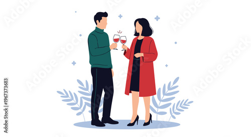 Elegant man and woman toasts each other with glasses of red wine while standing against a white background with blue leaf patterns.