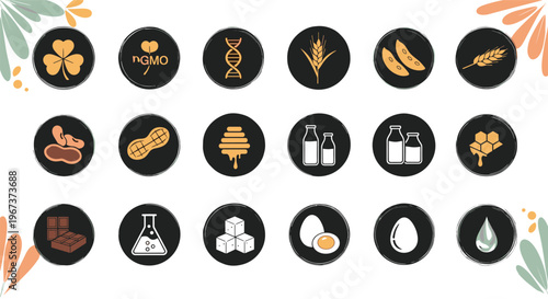 Dietary restriction and food ingredient icon set including gluten free organic dairy free non GMO and sugar free options for labels.