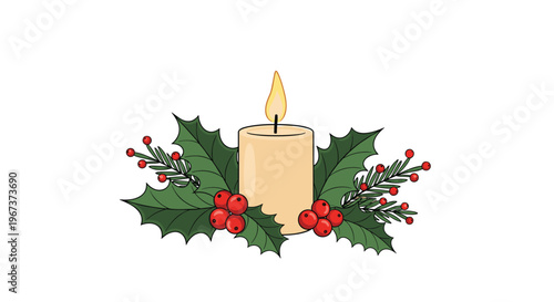 Festive holiday candle illustration showing a single burning candle surrounded by green holly leaves and red berries for Christmas.