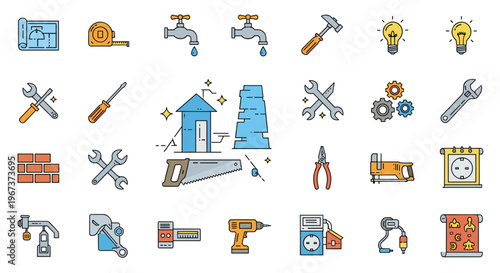 Extensive collection of home renovation and construction icons featuring hand tools plumbing fixtures and building materials set.