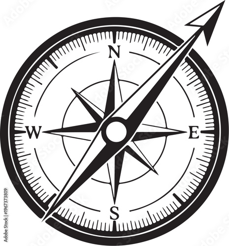 Black compass with directional arrow and degrees markings