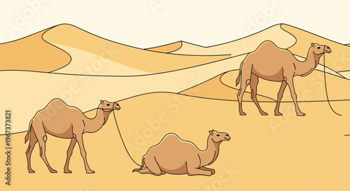 Three camels walking across sand dunes in a desert landscape under a warm yellow sky in a simple cartoon style.