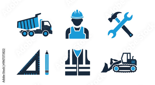 Construction and engineering tools icons - Blue icon set - Modern style icon  - Glyph and solid icon set - Icon vector