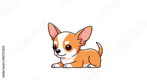 Cute chihuahua puppy with big ears and expressive eyes lying down on a white background in a colorful cartoon illustration.