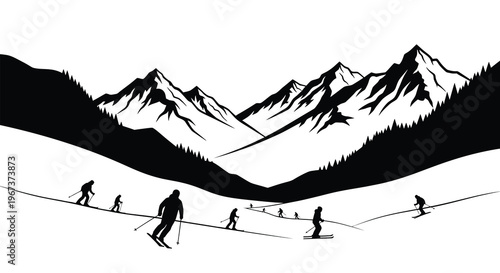 Skiers traverse a snowy mountain landscape in stark silhouette