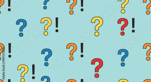 Colorful seamless pattern featuring a variety of multi-colored question marks and black exclamation points over a soft light blue background.