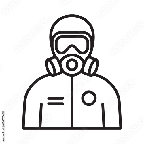 Line art depiction of a person wearing a protective hazmat suit and gas mask